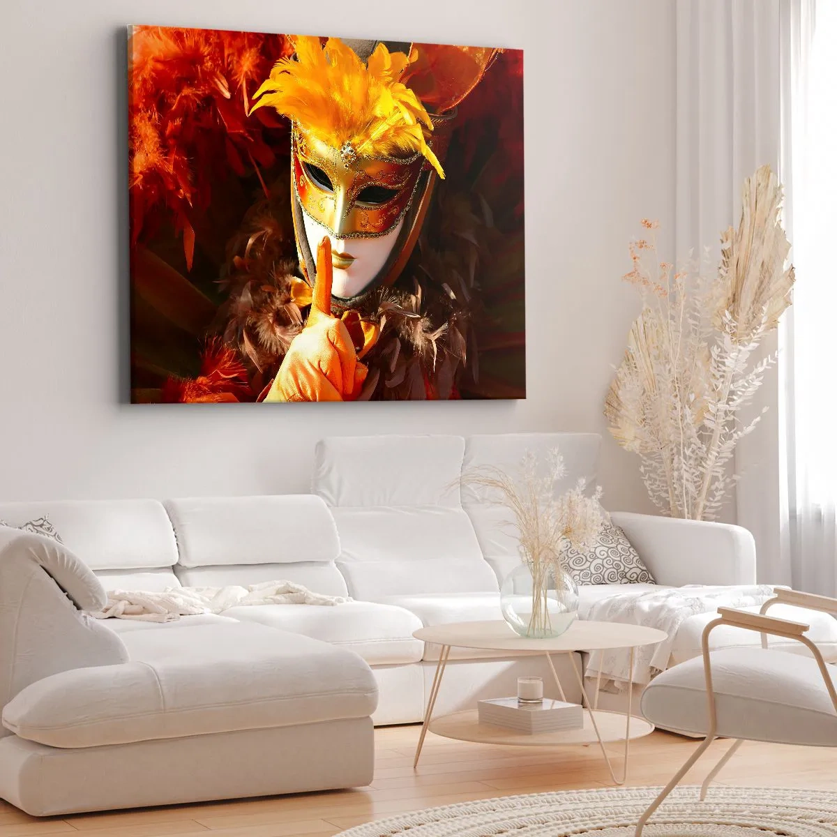 Cuadro sobre lienzo - Impresión de Imagen - Máscara de carnaval en tonos dorados y naranjas. - 120x80cm - El misterio es parte del juego - Decoración de pared moderna para salón y dormitorio ARTTOR