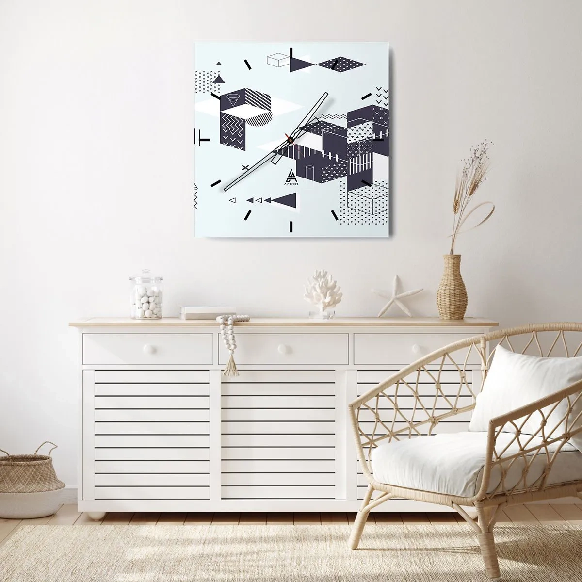 Reloj de pared - Reloj de vidrio - Gráficos geométricos modernos en tonos blanco y azul marino. - 30x30cm - Las matemáticas en el alma - Decoración de pared moderna para salón y dormitorio ARTTOR