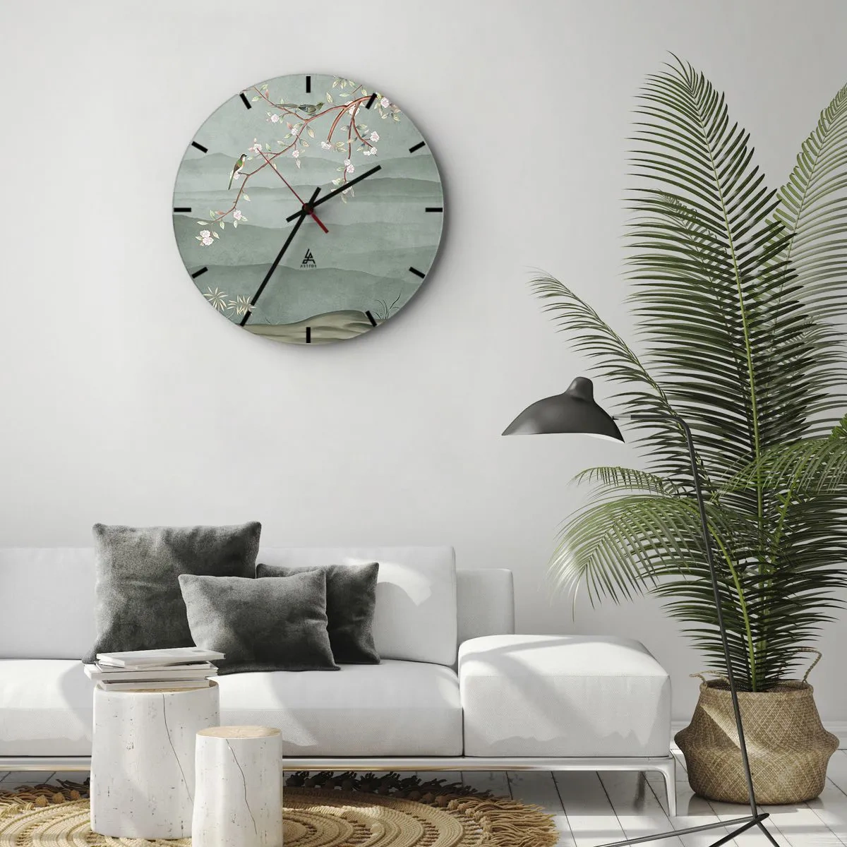 Reloj de pared - Reloj de vidrio - Una rama con flores y pájaros sobre un fondo de colinas verdes. - 30x30cm - Primavera, ah, eres tú - Decoración de pared moderna para salón, cocina y dormitorio ARTTOR