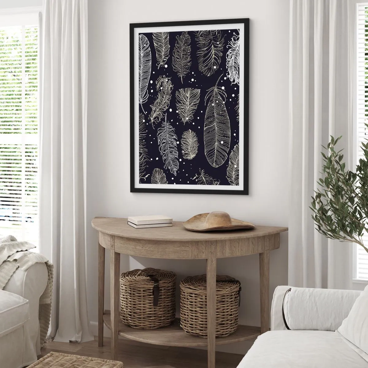 Póster en marco negro - Plumas blancas sobre un fondo negro en un elegante arreglo. - 50x70cm - Encaje de plumas - Decoración de pared moderna para salón y dormitorio ARTTOR