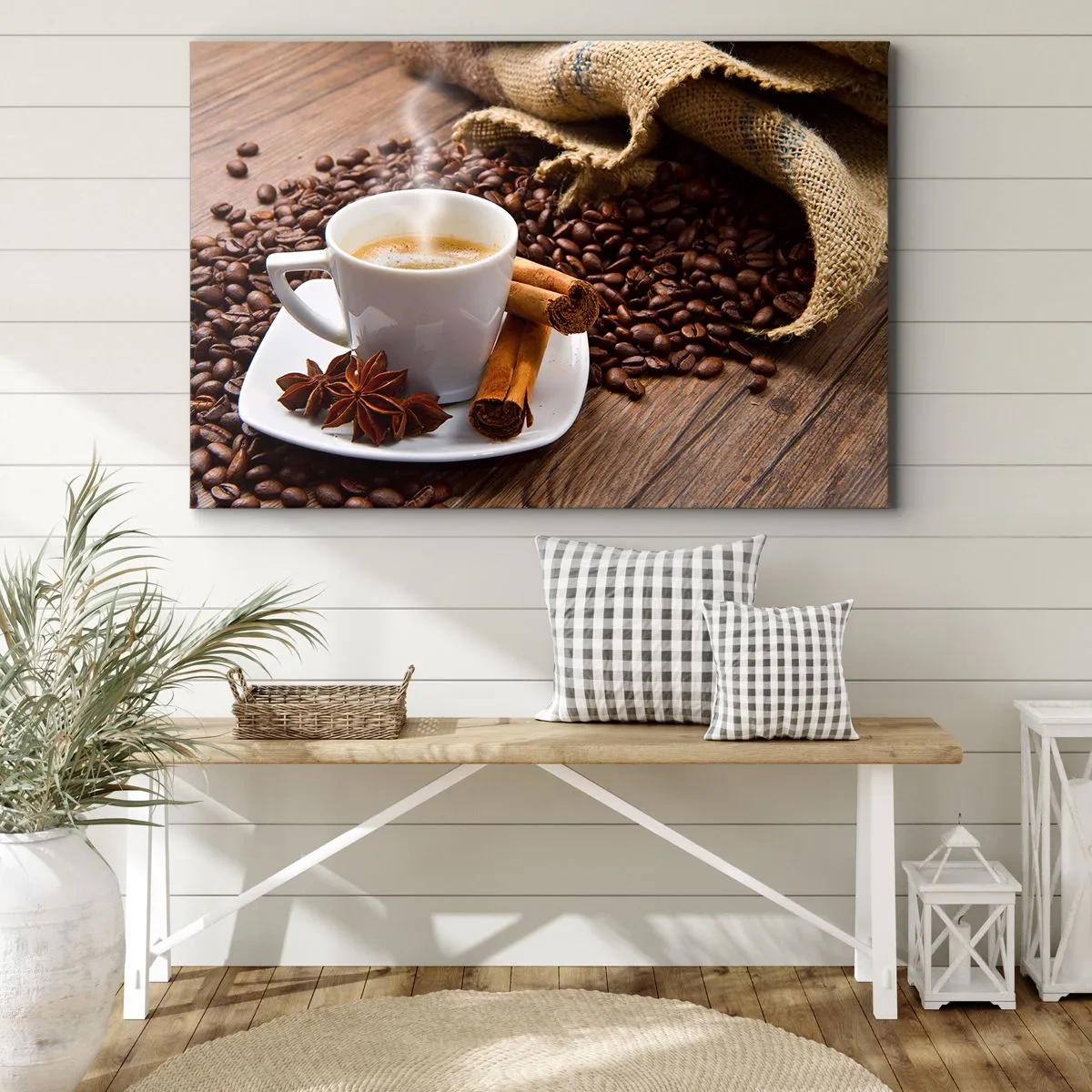 Cuadro sobre lienzo - Impresión de Imagen - Una taza de café con canela y anís sobre un fondo de granos de café. - 100x70cm - Sabor y aroma picante - Decoración de pared moderna para salón y dormitorio ARTTOR