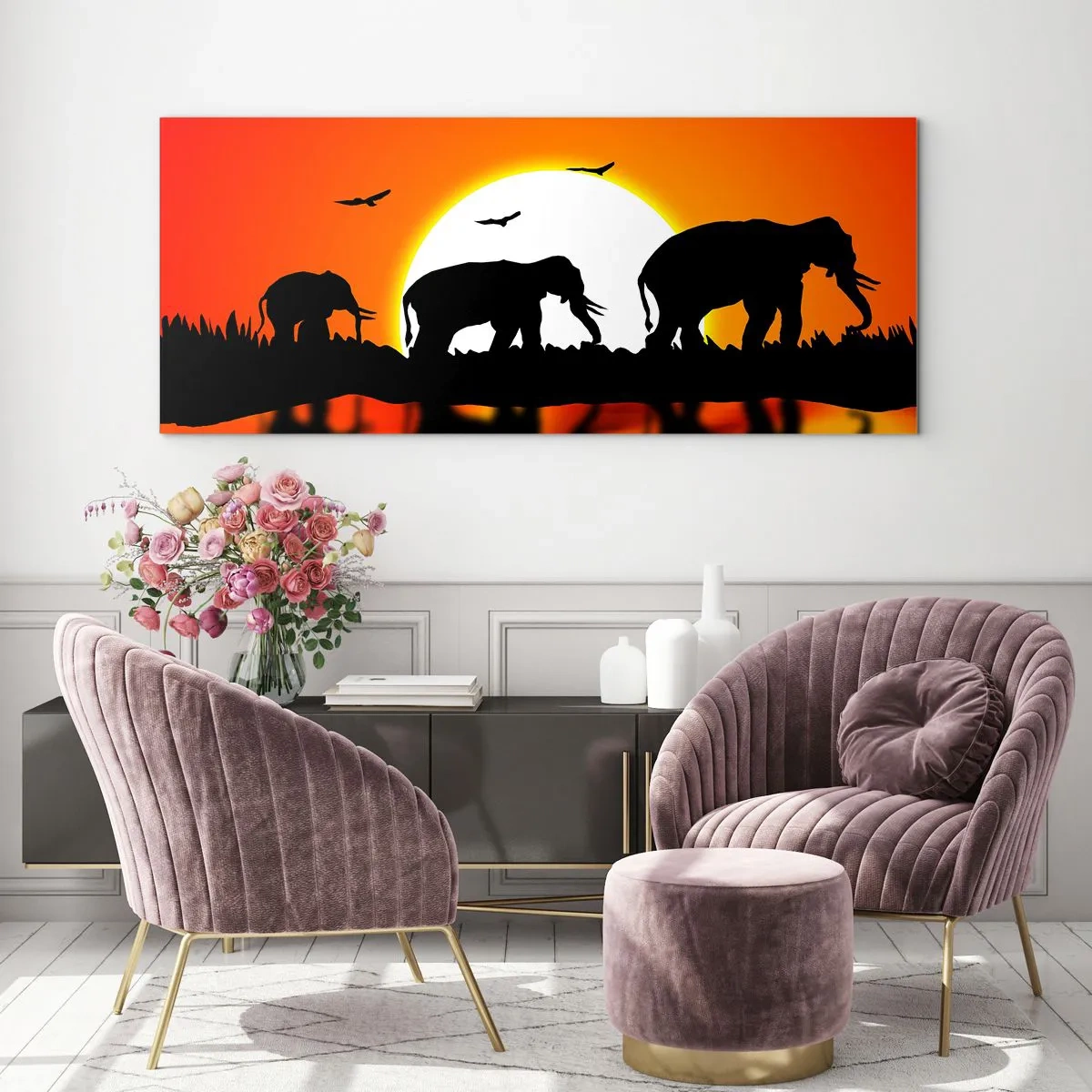 Cuadro sobre vidrio - Impresiones sobre Vidrio - Siluetas de elefantes al atardecer sobre el agua con reflejo - 160x50cm - La noche es para tomar una copita - Decoración de pared moderna para salón y dormitorio ARTTOR