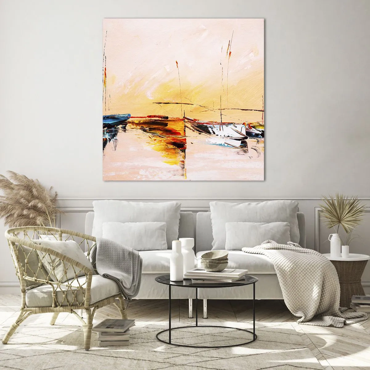 Cuadro sobre vidrio - Impresiones sobre Vidrio - Atardecer en el puerto deportivo - 60x60 cm