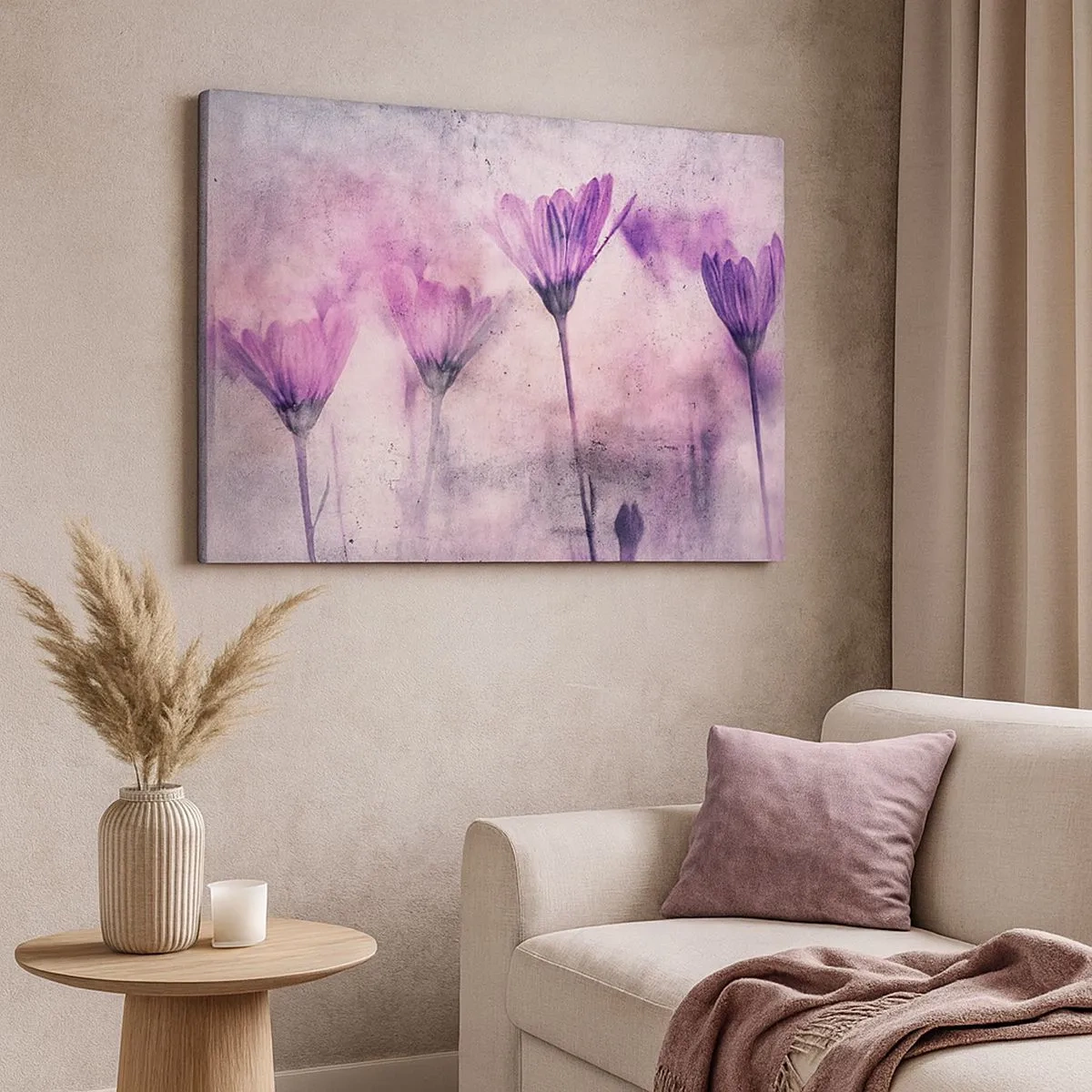 Cuadro sobre lienzo - Impresión de Imagen - Delicadas flores en tonos morados sobre un fondo claro. - 70x50cm - Sueño de flores - Decoración de pared moderna para salón y dormitorio ARTTOR
