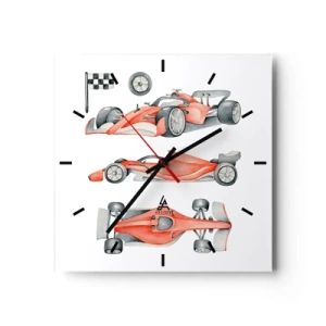 Reloj de pared - Reloj de vidrio - Un coche de carreras rojo con una bandera a cuadros. - 30x30cm - Para alcanzar un sueño - Decoración de pared moderna para salón y dormitorio ARTTOR