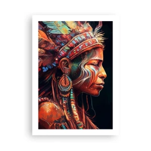 Póster - Retrato de una mujer con un tocado de plumas tradicional - 50x70cm - Un ritual mágico - Decoración de pared moderna para salón y dormitorio ARTTOR