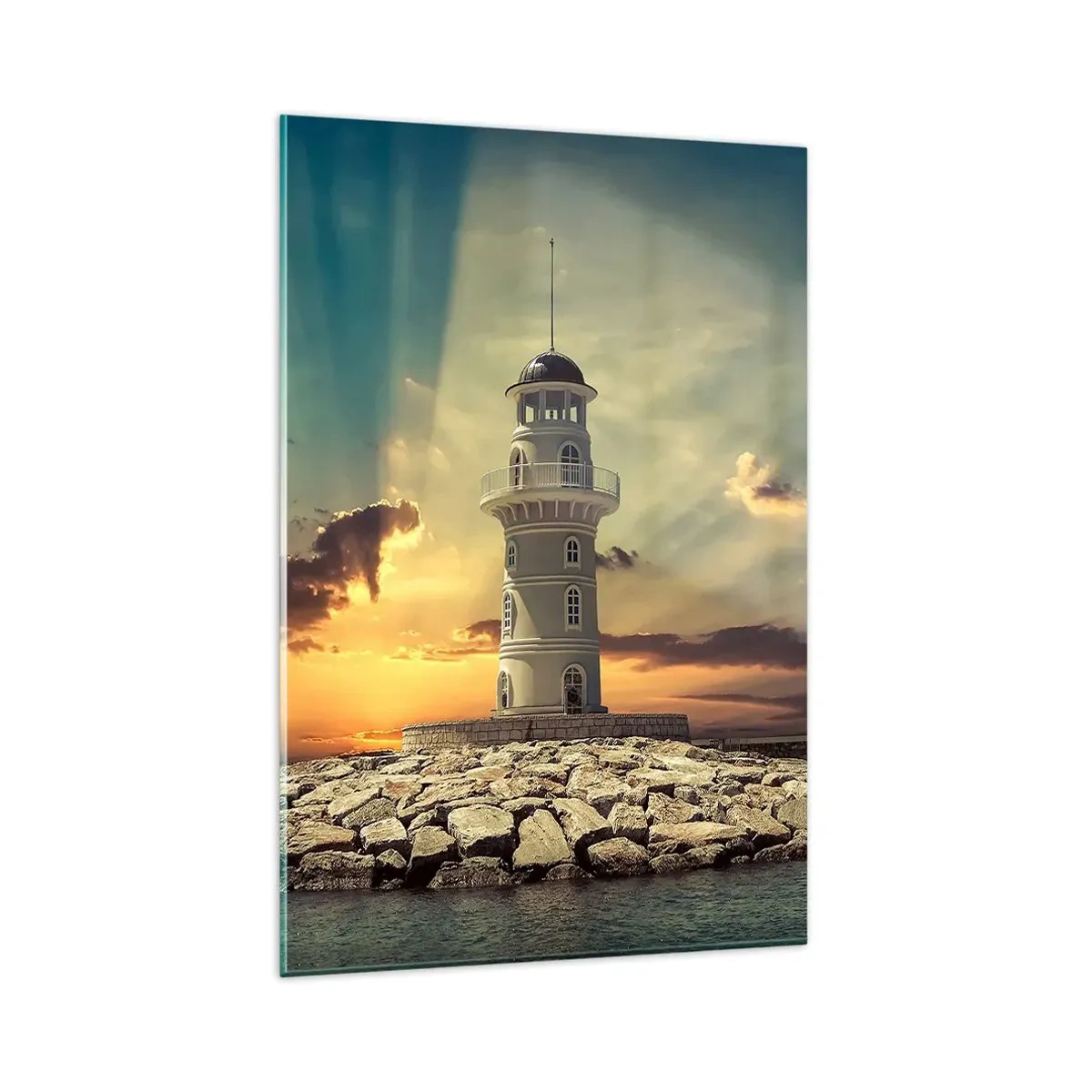 Cuadro sobre vidrio - Impresiones sobre Vidrio - Un faro al atardecer contra el cielo. - 80x120cm - Luz - Bondad - Belleza - Decoración de pared moderna para salón y dormitorio ARTTOR