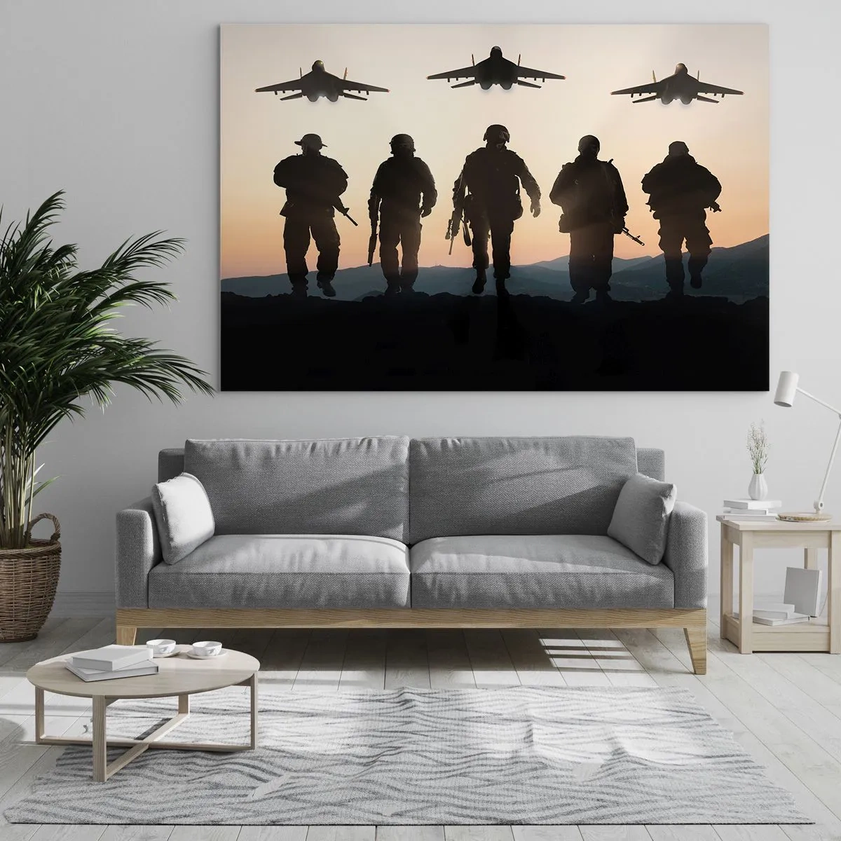 Cuadro sobre vidrio - Impresiones sobre Vidrio - Soldados con el sol poniente y los aviones como telón de fondo - 70x50cm - Bienvenido a nuestro mundo - Decoración de pared moderna para salón y dormitorio ARTTOR