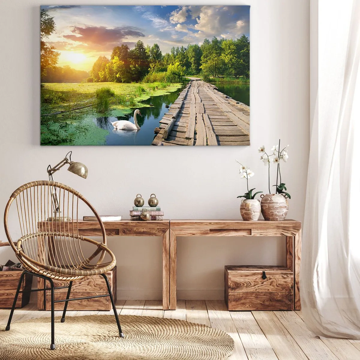 Cuadro sobre lienzo - Impresión de Imagen - Un paisaje pintoresco con un puente y un cisne. - 70x50cm - Verano, verano en todas partes - Decoración de pared moderna para salón y dormitorio ARTTOR