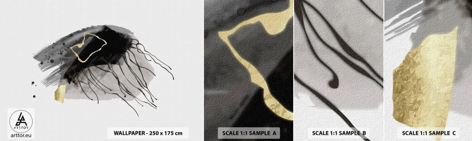 Muestra de fotomural autoadhesivo Deluxe Sticker - En negro y dorado - Abstracción, Pedazo, Gráficos - 100x30 cm