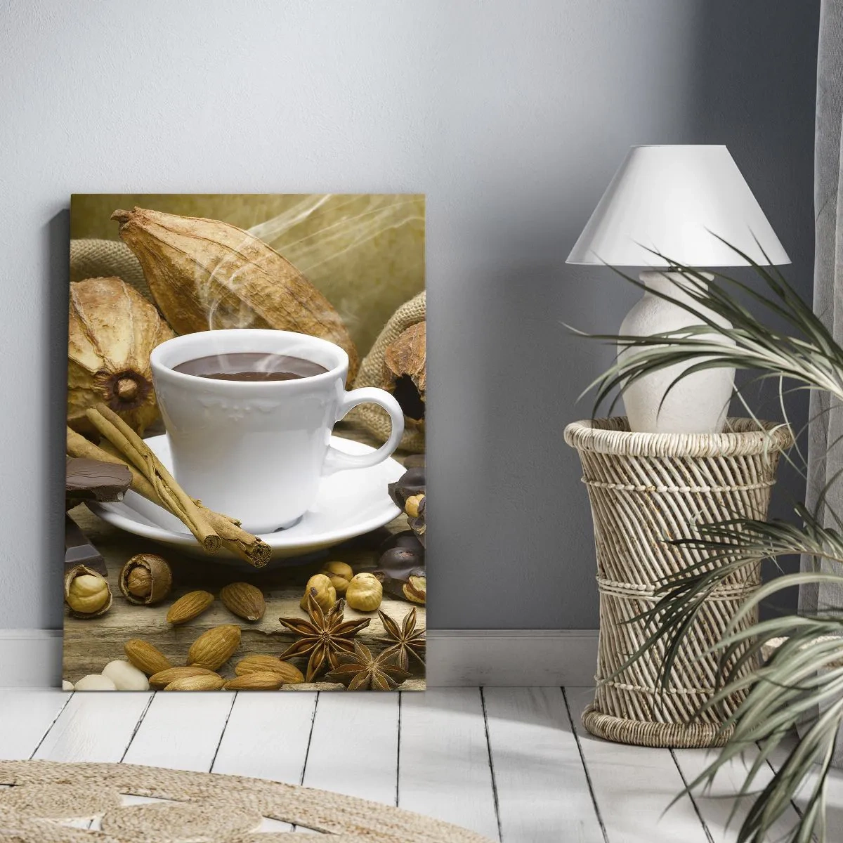 Cuadro sobre lienzo - Impresión de Imagen - Una taza de chocolate caliente rodeada de cacao y canela. - 50x70cm - Para los que buscan emociones - Decoración de pared moderna para salón y dormitorio ARTTOR