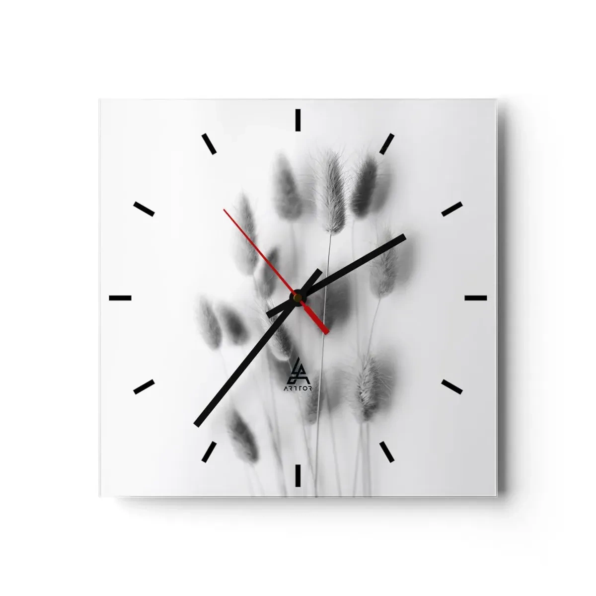 Reloj de pared - Reloj de vidrio - Hierbas delicadas en tonos grises sobre un fondo blanco. - 30x30cm - Esponjas naturales - Decoración de pared moderna para salón y dormitorio ARTTOR