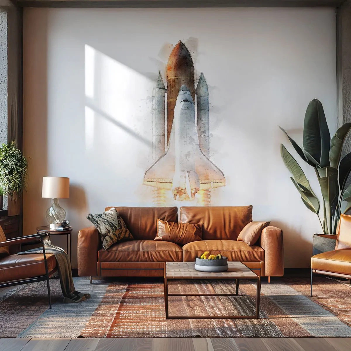 Fotomural Premium Sand - Lanzamiento de un cohete espacial en estilo acuarela - 100x70cm - El comienzo de la exploración - Decoración de pared moderna para salón y dormitorio ARTTOR