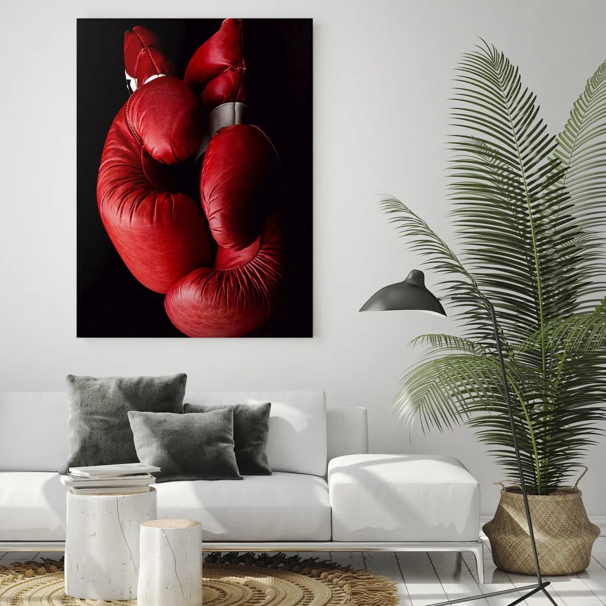 Cuadro sobre vidrio - Impresiones sobre Vidrio - Guantes de boxeo rojos sobre fondo negro - 50x70cm - La emoción del combate quedó atrás - Decoración de pared moderna para salón y dormitorio ARTTOR