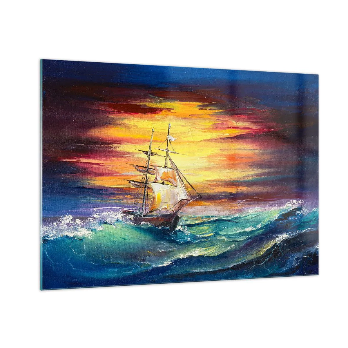 Cuadro sobre vidrio - Impresiones sobre Vidrio - Un barco en un mar tempestuoso al atardecer - 100x70cm - Valientemente surcando las olas - Decoración de pared moderna para salón y dormitorio ARTTOR