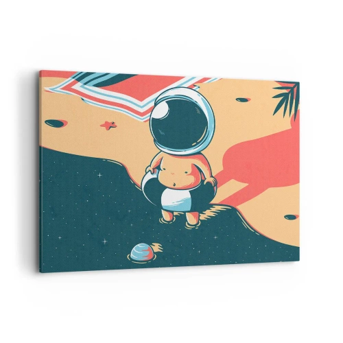 Cuadro sobre lienzo - Impresión de Imagen - Astronauta divertido en la playa con elementos espaciales de fondo. - 100x70cm - Desde una perspectiva diferente - Decoración de pared moderna para salón y dormitorio ARTTOR