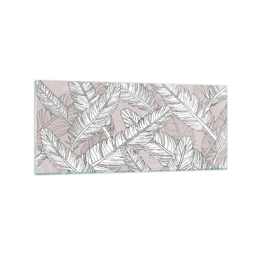 Cuadro sobre vidrio - Impresiones sobre Vidrio - Patrón en blanco y negro con hojas de plátano sobre un fondo claro. - 120x50cm - Turbulencias de plumas - Decoración de pared moderna para salón y dormitorio ARTTOR