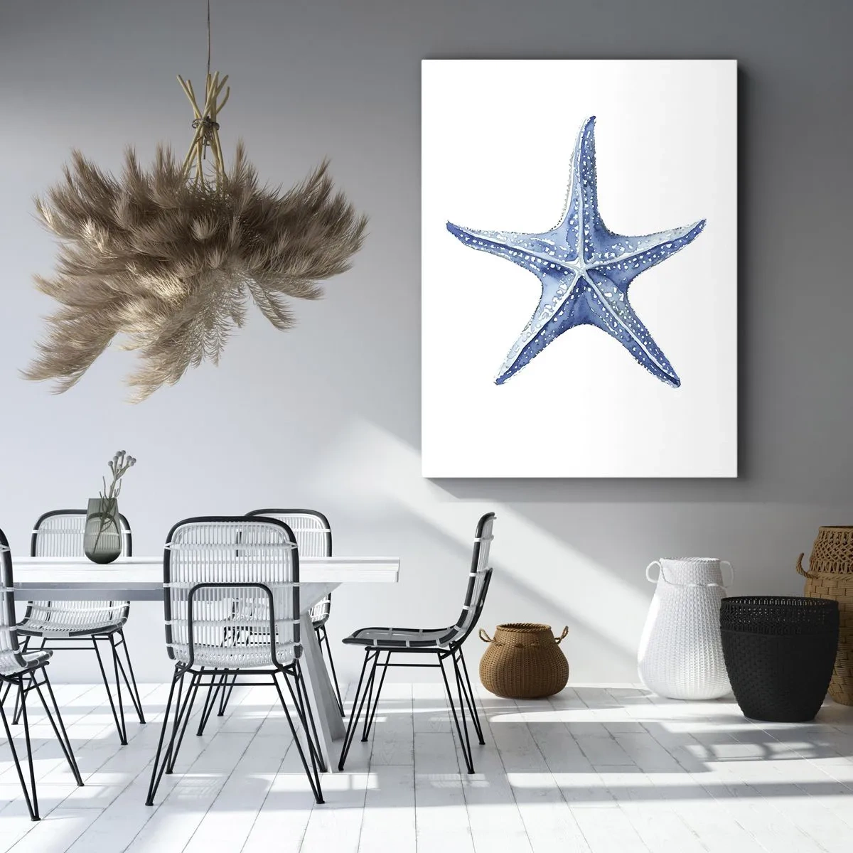 Cuadro sobre lienzo - Impresión de Imagen - Estrella de mar azul sobre fondo blanco en estilo minimalista. - 70x100cm - Estrella de mar - Decoración de pared moderna para salón y dormitorio ARTTOR