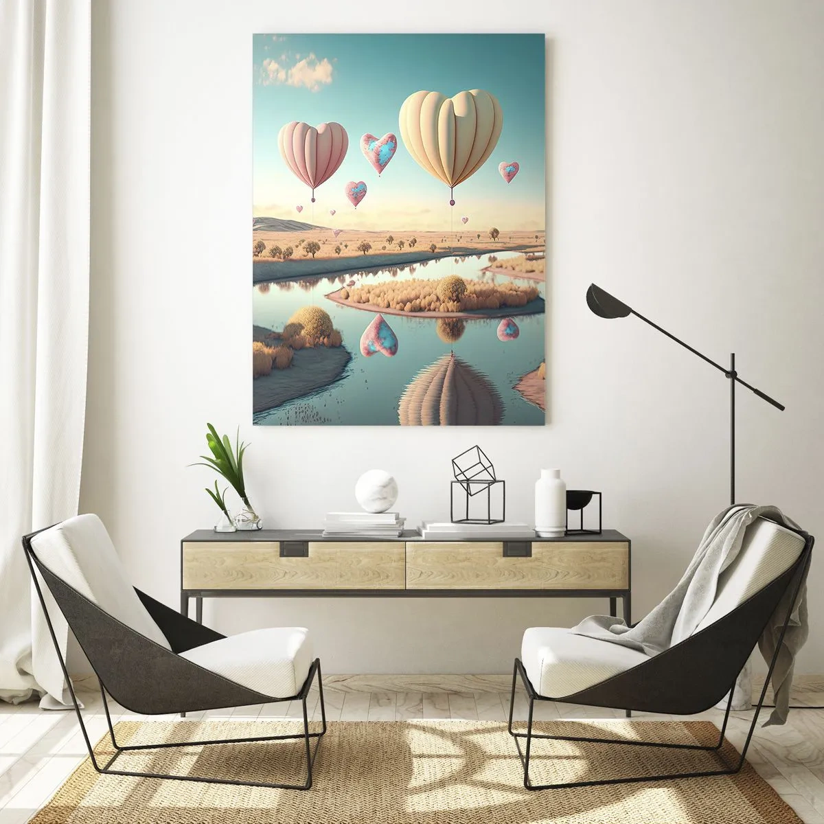 Cuadro sobre vidrio - Impresiones sobre Vidrio - Globos en forma de corazón flotando sobre el paisaje. - 70x100cm - El amor te hace volar - Decoración de pared moderna para salón y dormitorio ARTTOR