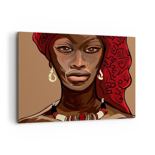 Cuadro sobre lienzo - Impresión de Imagen - Retrato de una mujer con un turbante rojo sobre un fondo beige - 100x70cm - Venus de ébano - Decoración de pared moderna para salón y dormitorio ARTTOR