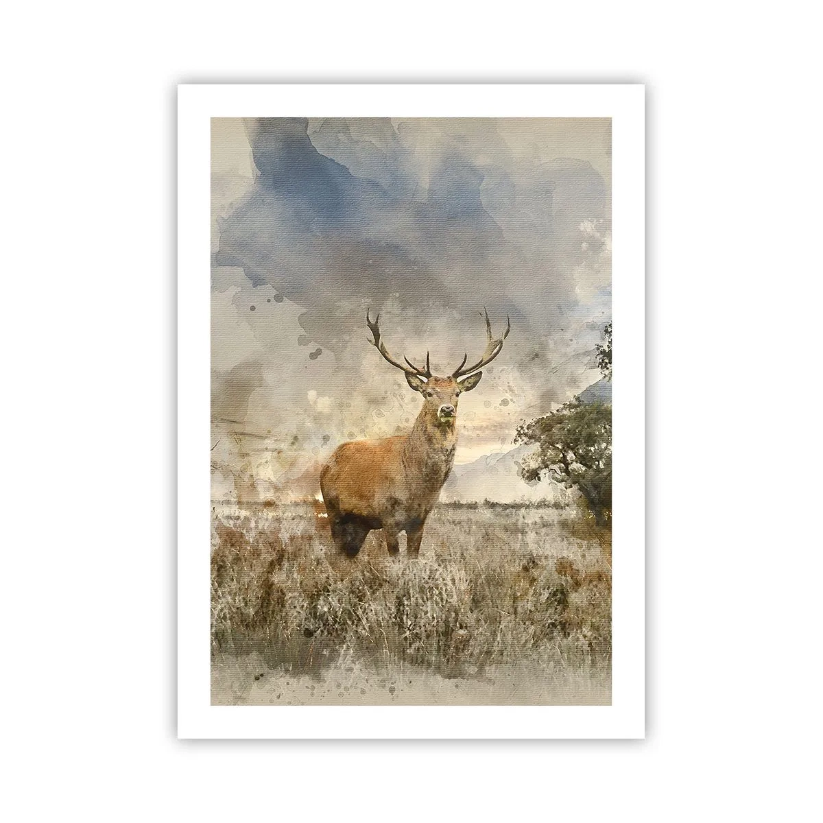 Póster - Ciervo sobre un fondo natural en estilo pictórico. - 50x70cm - Dignidad - fuerza - encanto - Decoración de pared moderna para salón y dormitorio ARTTOR