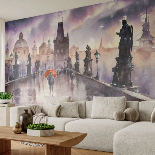 Fotomural Standard Eco - Acuarela romántica de un puente con una figura bajo un paraguas rojo. - 100x70cm - La gente no cambia - Decoración de pared moderna para salón y dormitorio ARTTOR