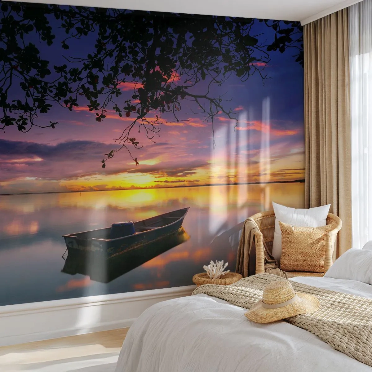 Fotomural Premium Canvas - Un barco en aguas tranquilas al atardecer. - 100x70cm - Un cielo de ensueño - Decoración de pared moderna para salón y dormitorio ARTTOR