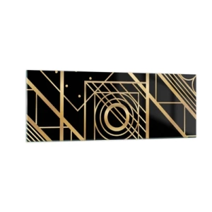 Cuadro sobre vidrio - Impresiones sobre Vidrio - Patrones geométricos dorados sobre un fondo negro - 140x50cm - Geometría dorada - Decoración de pared moderna para salón y dormitorio ARTTOR