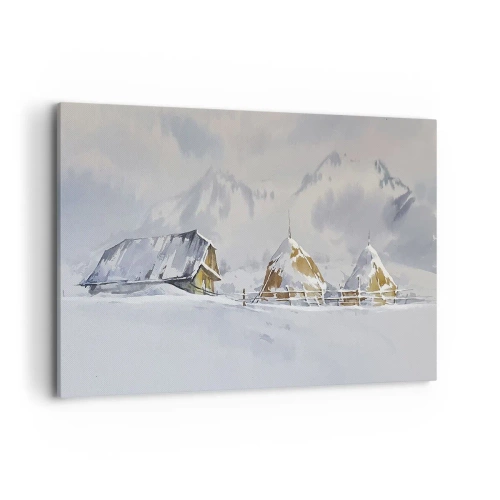 Cuadro sobre lienzo - Impresión de Imagen - Paisaje invernal con una cabaña y pajares en las montañas - 100x70cm - En un valle nevado - Decoración de pared moderna para salón y dormitorio ARTTOR