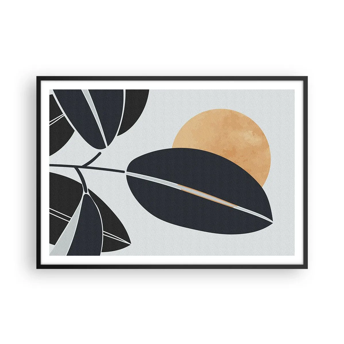 Póster en marco negro - Un motivo de hojas minimalista con un sol brillante en el fondo. - 100x70cm - Un día de verano caluroso - Decoración de pared moderna para salón y dormitorio ARTTOR