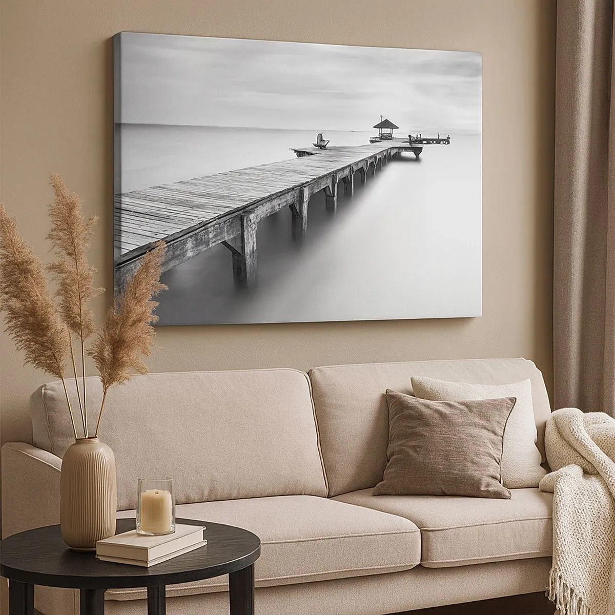 Cuadro sobre lienzo - Impresión de Imagen - Una vista en blanco y negro de un muelle de madera sobre aguas tranquilas. - 70x50cm - Lejos - Decoración de pared moderna para salón y dormitorio ARTTOR