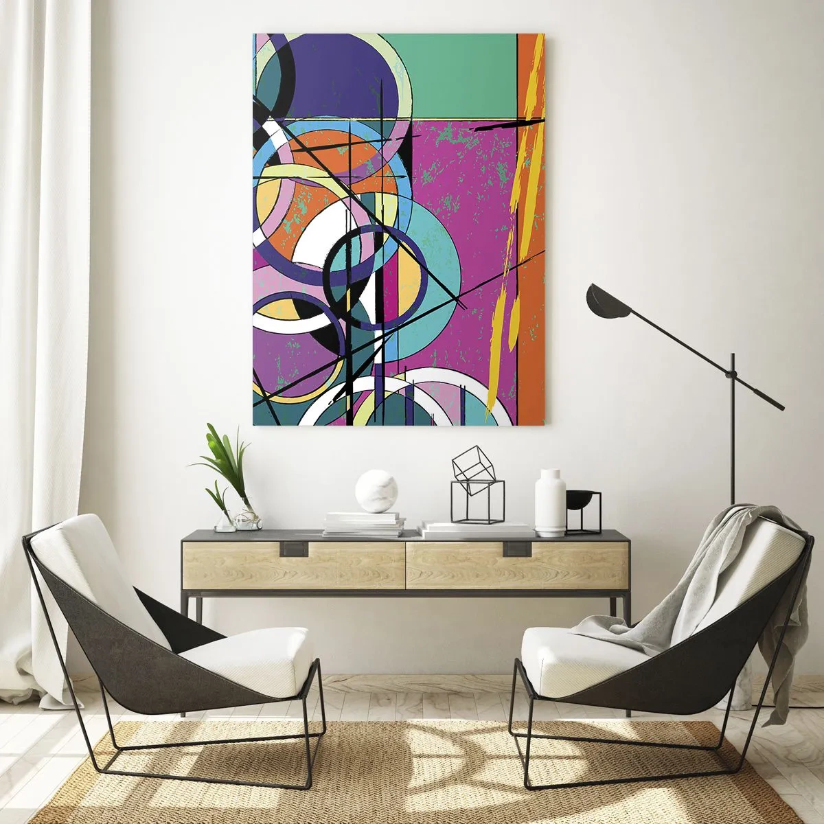 Cuadro sobre vidrio - Impresiones sobre Vidrio - Abstracción colorida con círculos geométricos. - 80x120cm - Círculo sobre círculo - Decoración de pared moderna para salón y dormitorio ARTTOR