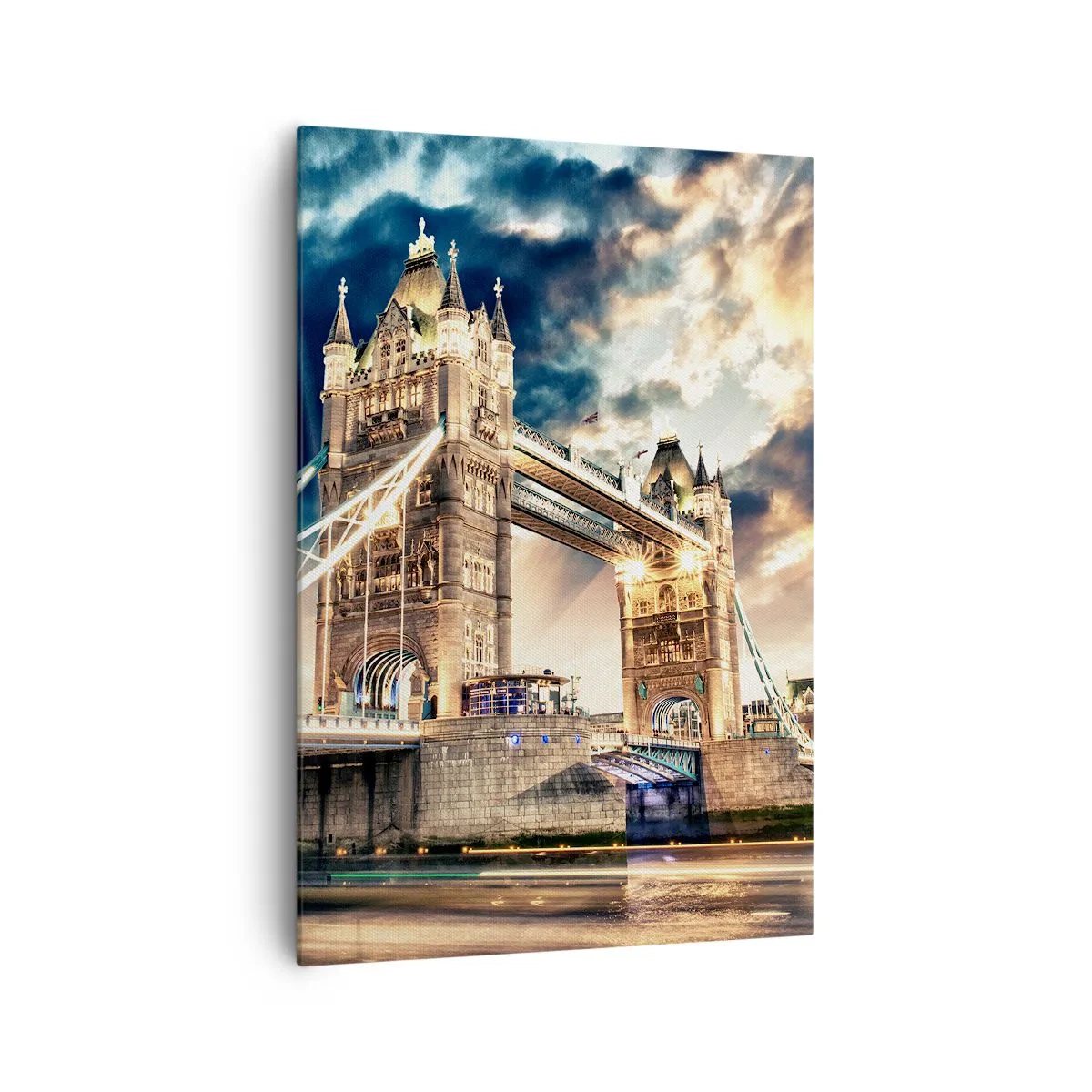Cuadro sobre lienzo - Impresión de Imagen - El Tower Bridge al anochecer contra un cielo dinámico - 70x100cm - Un monumento a un imperio victoriano - Decoración de pared moderna para salón y dormitorio ARTTOR