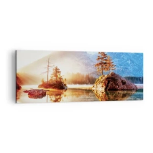 Cuadro sobre lienzo - Impresión de Imagen - Un lago con islas y montañas al fondo al amanecer. - 140x50cm - La naturaleza bajo la luz - Decoración de pared moderna para salón y dormitorio ARTTOR