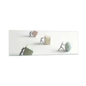 Cuadro sobre vidrio - Impresiones sobre Vidrio - Figuras en miniatura que empujan formas contra un fondo claro. - 160x50cm - El avance de la geometría - Decoración de pared moderna para salón y dormitorio ARTTOR