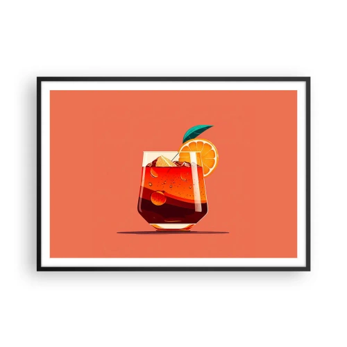 Póster en marco negro - Un vaso de bebida y una rodaja de naranja sobre un fondo naranja. - 100x70cm - Refresco de verano - Decoración de pared moderna para salón y dormitorio ARTTOR