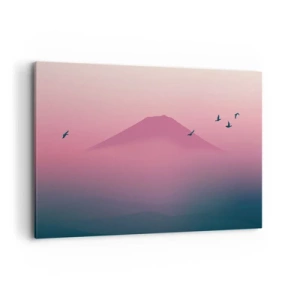 Cuadro sobre lienzo - Impresión de Imagen - Paisaje minimalista con montaña y pájaros al amanecer. - 120x80cm - Sobre las nubes - Decoración de pared moderna para salón y dormitorio ARTTOR