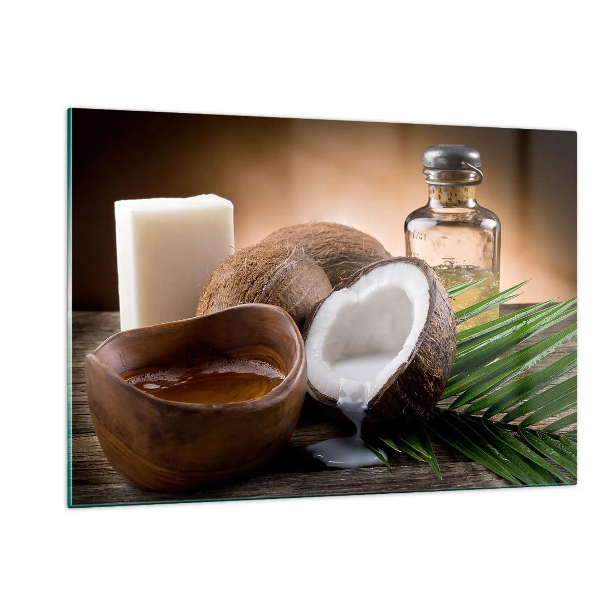 Cuadro sobre vidrio - Impresiones sobre Vidrio - Ingredientes naturales con coco y aceite sobre fondo de madera. - 120x80cm - Salud de las islas tropicales - Decoración de pared moderna para salón y dormitorio ARTTOR