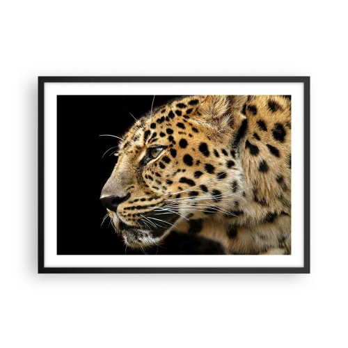 Póster en marco negro - Primer plano de la cabeza de un leopardo sobre un fondo negro - 70x50cm - Tranquilo, concentrado, preparado - Decoración de pared moderna para salón y dormitorio ARTTOR