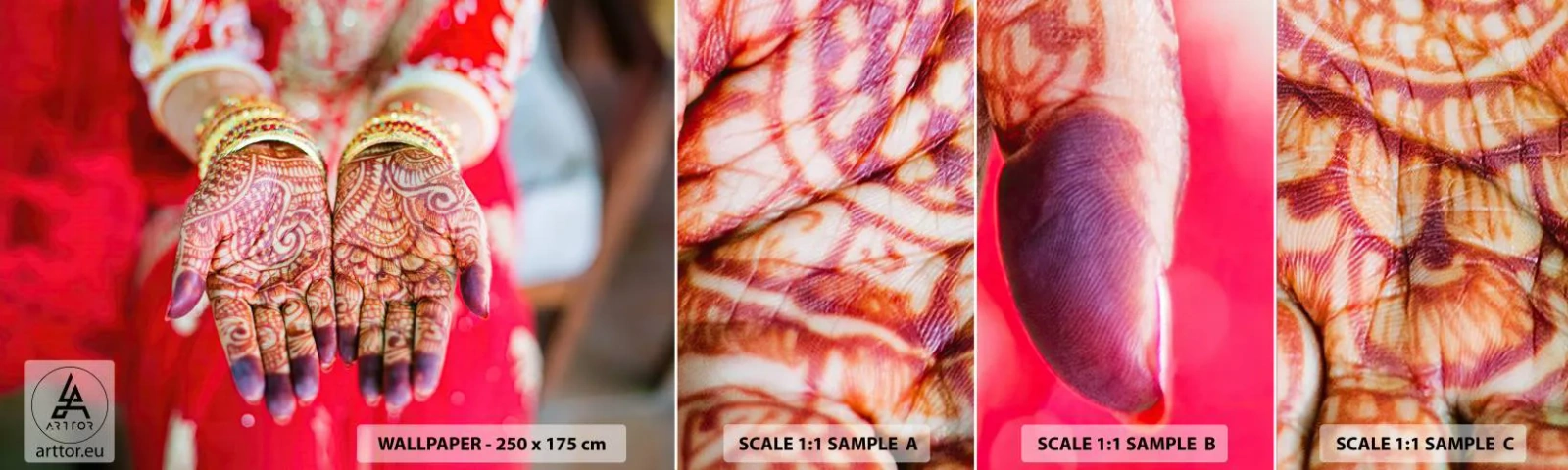 Muestra de fotomural autoadhesivo Deluxe Sticker - Ritual con las manos - manos de mujer, Diseños orientales, India - 100x30 cm
