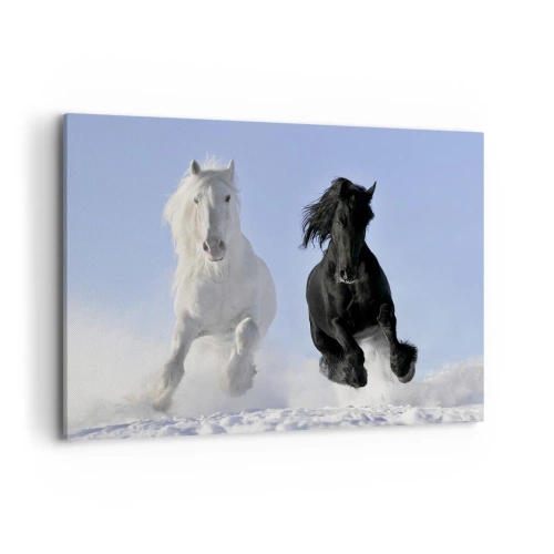 Cuadro sobre lienzo - Impresión de Imagen - Un caballo blanco y uno negro galopando por la nieve. - 100x70cm - Galope blanco y negro - Decoración de pared moderna para salón y dormitorio ARTTOR