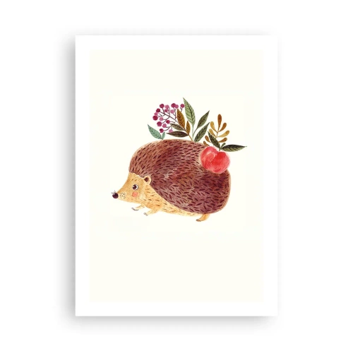 Póster - Un lindo erizo con una manzana y ramitas sobre un fondo claro. - 50x70cm - Y ya te gusto - Decoración de pared moderna para salón y dormitorio ARTTOR