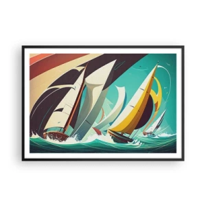 Póster en marco negro - Una ilustración dinámica de veleros en un mar tempestuoso. - 100x70cm - Afrontar los elementos - Decoración de pared moderna para salón y dormitorio ARTTOR