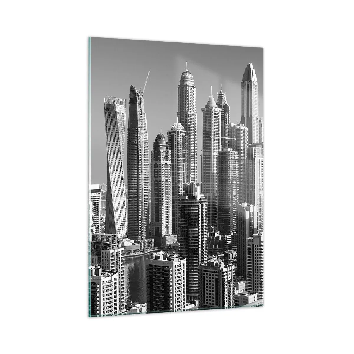Cuadro sobre vidrio - Impresiones sobre Vidrio - Panorama en blanco y negro de los rascacielos de la ciudad - 50x70cm - Ciudad sobre el desierto - Decoración de pared moderna para salón y dormitorio ARTTOR