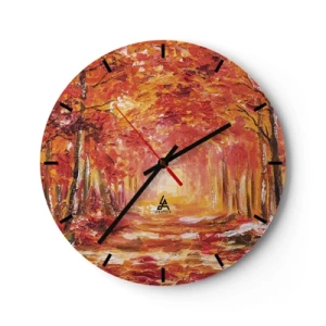 Reloj de pared - Reloj de vidrio - Bosque otoñal en tonos cálidos de rojo y naranja. - 30x30cm - Bosque de cobre - Decoración de pared moderna para salón, cocina y dormitorio ARTTOR