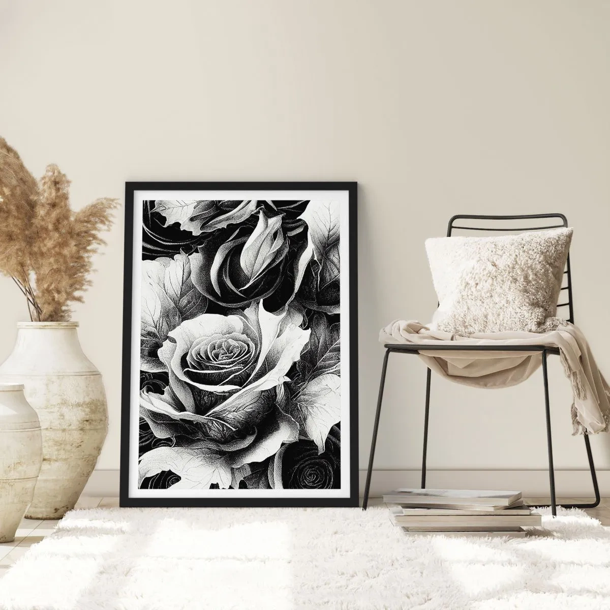 Póster en marco negro - Una composición de rosas en blanco y negro con claroscuro expresivo. - 50x70cm - Siempre como una reina - Decoración de pared moderna para salón y dormitorio ARTTOR
