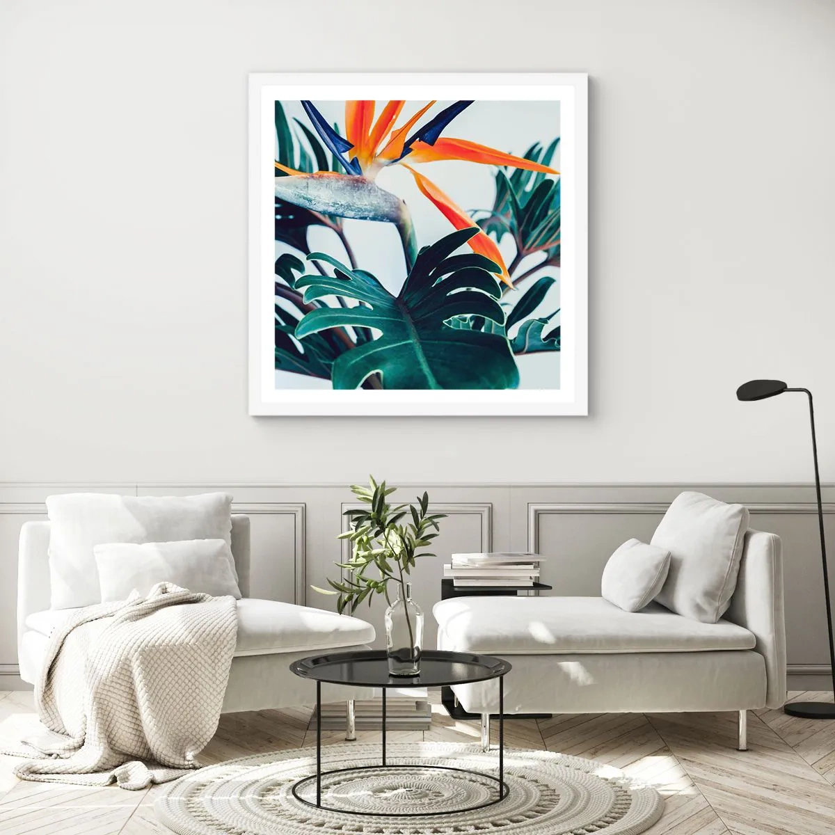 Póster en marco blanco - La jaula del pájaro colorido - 60x60 cm