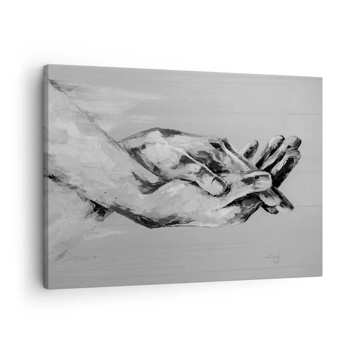 Cuadro sobre lienzo - Impresión de Imagen - Una composición en blanco y negro de dos manos entrelazadas sobre un fondo claro. - 70x50cm - El comienzo... - Decoración de pared moderna para salón y dormitorio ARTTOR