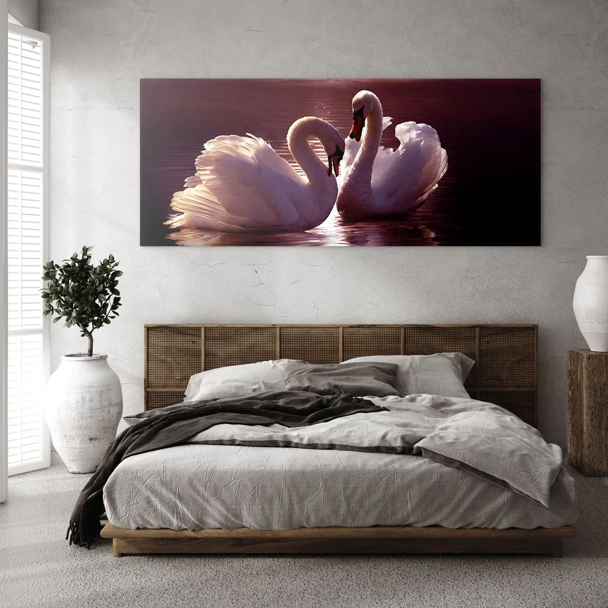 Cuadro sobre vidrio - Impresiones sobre Vidrio - Dos cisnes en un lago tranquilo al atardecer - 140x50cm - Hasta que la muerte nos separe - Decoración de pared moderna para salón y dormitorio ARTTOR