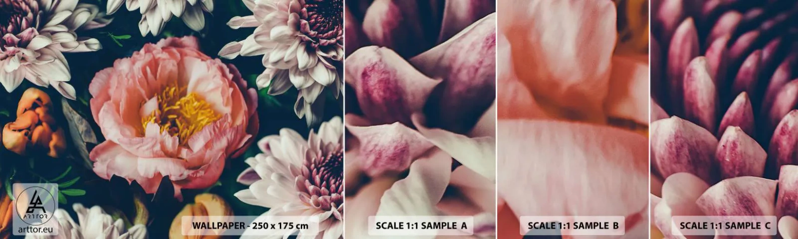 Muestra De Fotomural Standard Eco - Con esplendor barroco - flores, Peonía, Ramo de flores - 100x30 cm